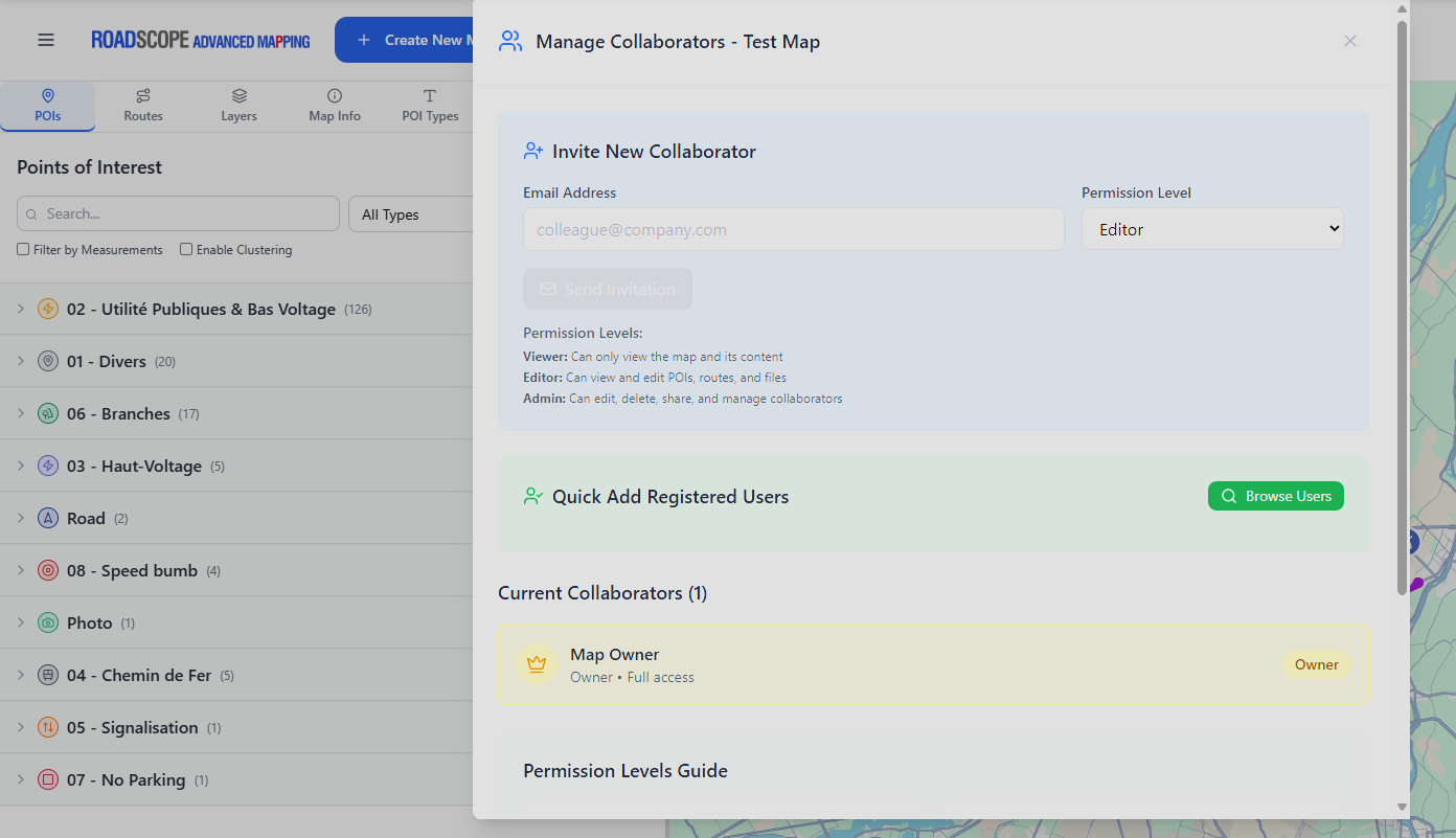 RoadScope Team Collaboration Workspace - Shared maps with real-time updates